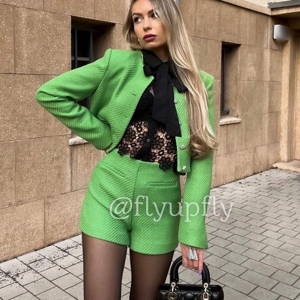 Zara SET Textured Cropped Blazer & Shorts Tweed Green